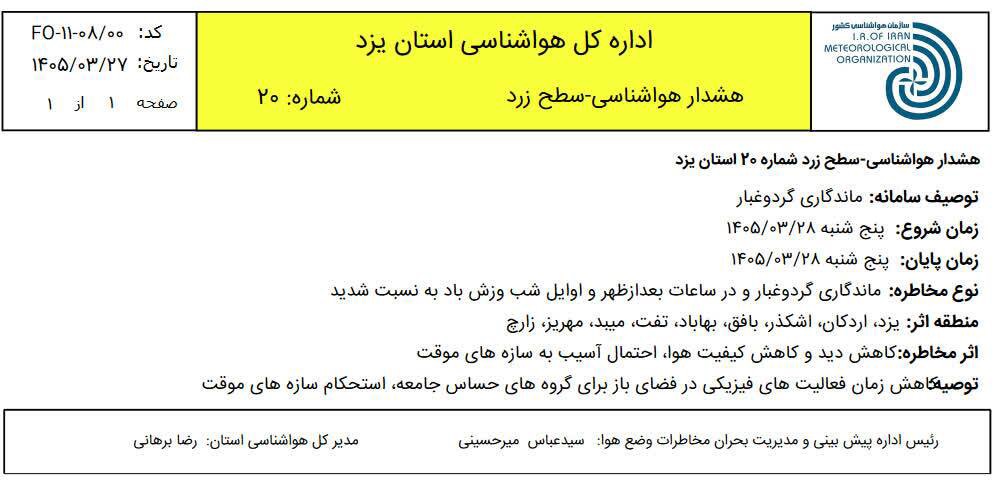 هشدار سطح زرد در یزد