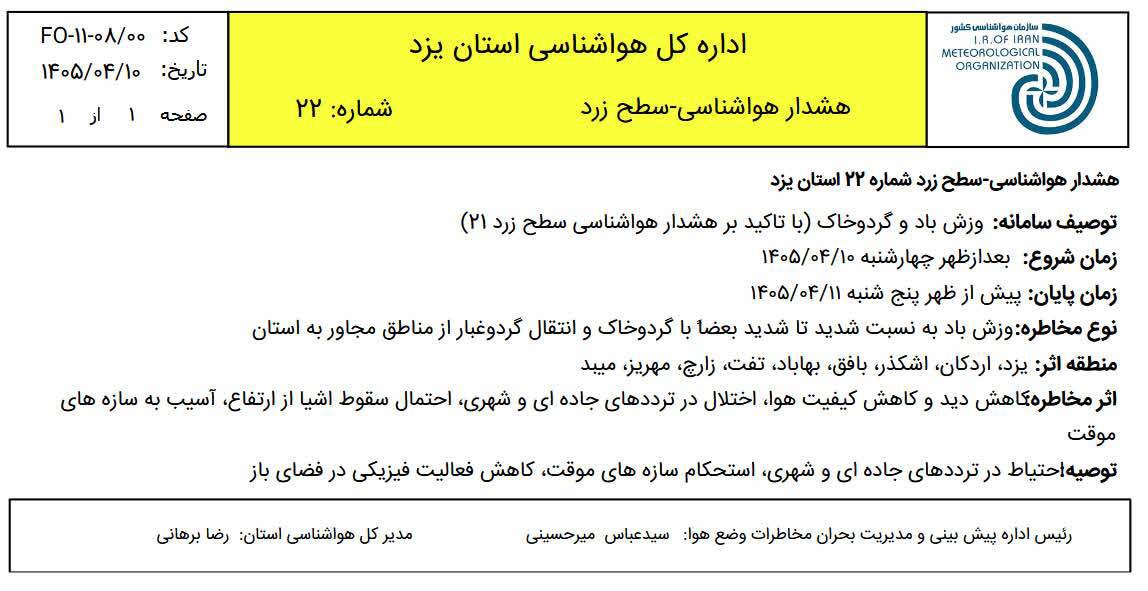 هشدار سطح زرد هواشناسی در استان یزد